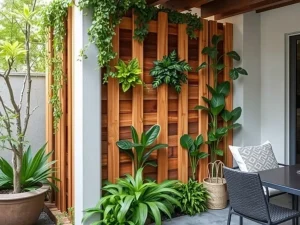 پارتیشن فضای باز با ترکیب چوب و گیاه